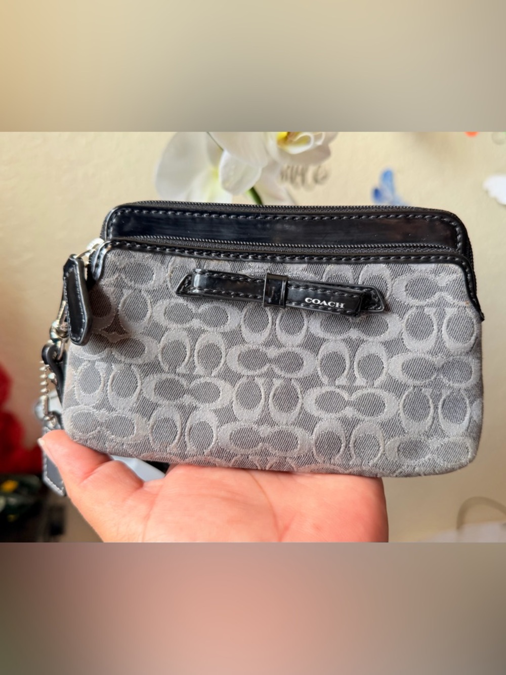 COACH Gray Signature Canvas Wristlet with Black Patent Trim